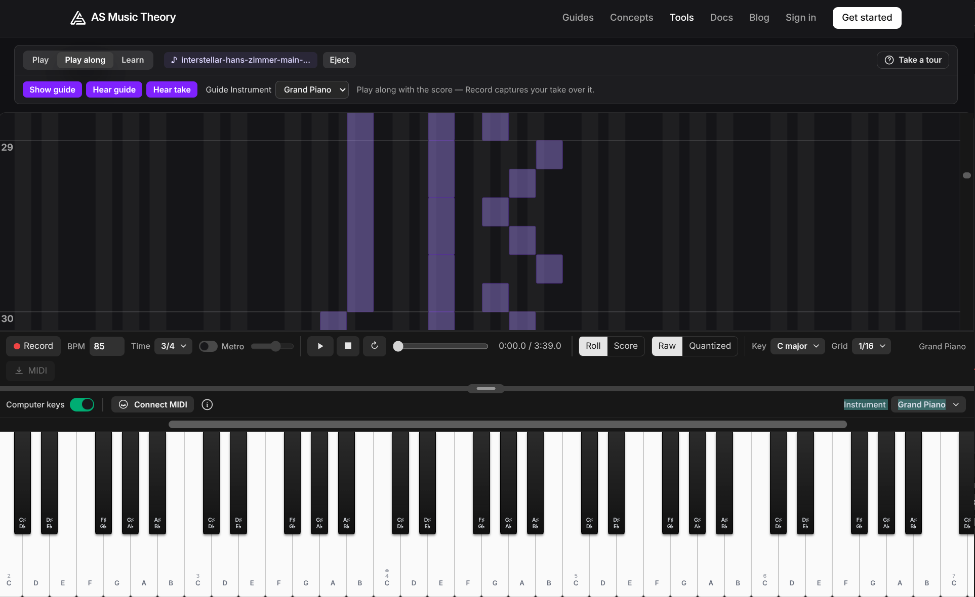 Piano Roll tool: the roll view with a loaded score shown as a purple guide above the keyboard