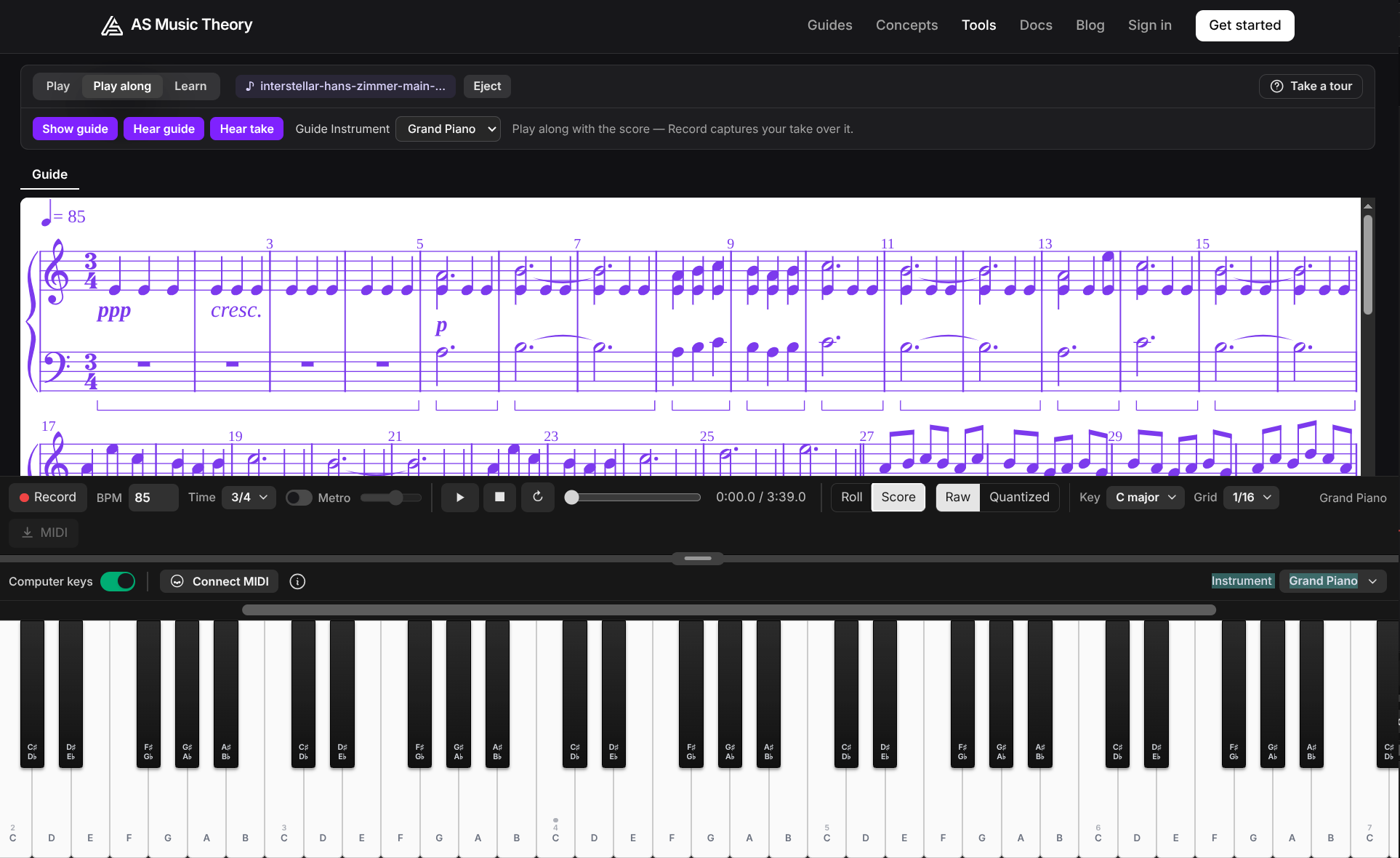 Piano Roll tool: the same score engraved as real notation in the score view