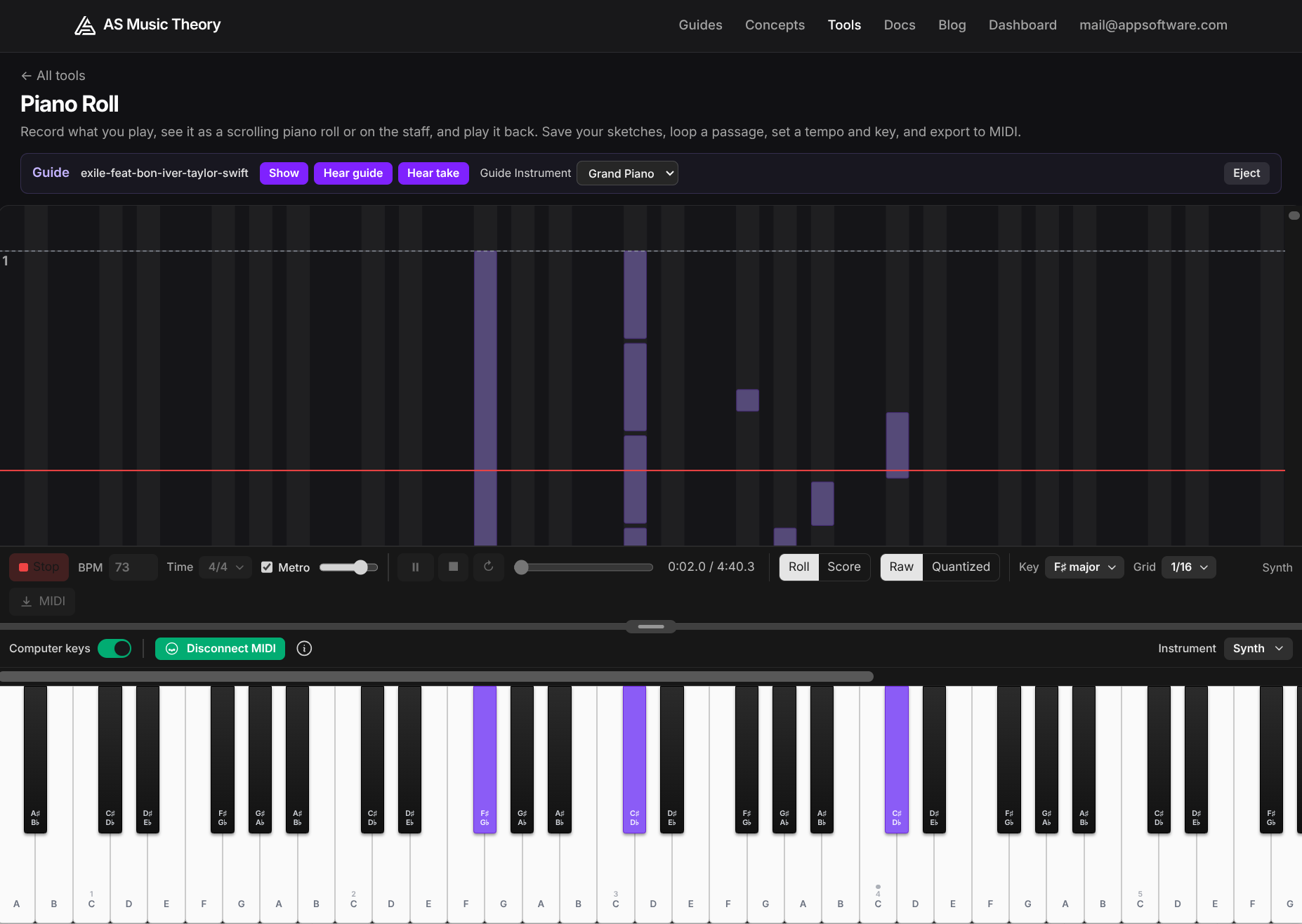 The Piano Roll tool with a MIDI guide loaded: the guide's notes shown in purple on the roll and lit on the keyboard, ready to record a take over the top.